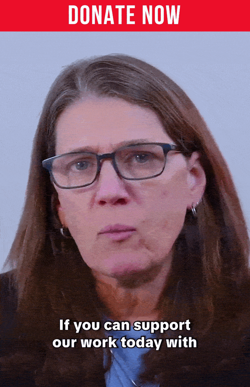 Mary Trump speaking directly to camera, saying she would be incredibly grateful if you can support our work today with a donation of $10 or more
